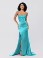 Sheath/Column Silk Like Satin Ruched Square Sleeveless Sweep/Brush Train Bridesmaid Dresses