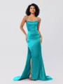 Sheath/Column Silk Like Satin Ruched Square Sleeveless Sweep/Brush Train Bridesmaid Dresses