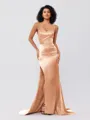 Sheath/Column Silk Like Satin Ruched Square Sleeveless Sweep/Brush Train Bridesmaid Dresses