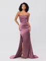 Sheath/Column Silk Like Satin Ruched Square Sleeveless Sweep/Brush Train Bridesmaid Dresses