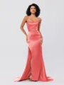 Sheath/Column Silk Like Satin Ruched Square Sleeveless Sweep/Brush Train Bridesmaid Dresses
