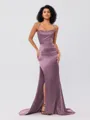 Sheath/Column Silk Like Satin Ruched Square Sleeveless Sweep/Brush Train Bridesmaid Dresses