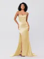 Sheath/Column Silk Like Satin Ruched Square Sleeveless Sweep/Brush Train Bridesmaid Dresses