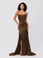 Sheath/Column Silk Like Satin Ruched Square Sleeveless Sweep/Brush Train Bridesmaid Dresses