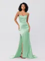 Sheath/Column Silk Like Satin Ruched Square Sleeveless Sweep/Brush Train Bridesmaid Dresses