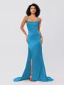 Sheath/Column Silk Like Satin Ruched Square Sleeveless Sweep/Brush Train Bridesmaid Dresses