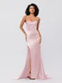Sheath/Column Silk Like Satin Ruched Square Sleeveless Sweep/Brush Train Bridesmaid Dresses