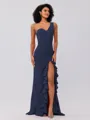 Sheath/Column Stretch Crepe Ruffles One-Shoulder Sleeveless Sweep/Brush Train Bridesmaid Dresses