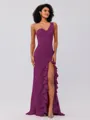 Sheath/Column Stretch Crepe Ruffles One-Shoulder Sleeveless Sweep/Brush Train Bridesmaid Dresses