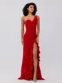 Sheath/Column Stretch Crepe Ruffles One-Shoulder Sleeveless Sweep/Brush Train Bridesmaid Dresses