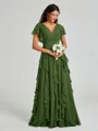 A-line/Princess V-neck Floor-Length Short Sleeves Chiffon Bridesmaid Dress