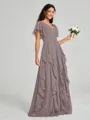A-line/Princess V-neck Floor-Length Short Sleeves Chiffon Bridesmaid Dress
