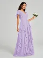A-line/Princess V-neck Floor-Length Short Sleeves Chiffon Bridesmaid Dress