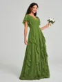 A-line/Princess V-neck Floor-Length Short Sleeves Chiffon Bridesmaid Dress