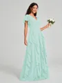 A-line/Princess V-neck Floor-Length Short Sleeves Chiffon Bridesmaid Dress