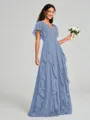 A-line/Princess V-neck Floor-Length Short Sleeves Chiffon Bridesmaid Dress