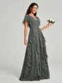 A-line/Princess V-neck Floor-Length Short Sleeves Chiffon Bridesmaid Dress