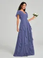 A-line/Princess V-neck Floor-Length Short Sleeves Chiffon Bridesmaid Dress