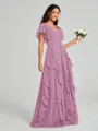 A-line/Princess V-neck Floor-Length Short Sleeves Chiffon Bridesmaid Dress