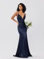 Sheath/Column Silk Like Satin Ruched V-neck Sleeveless Sweep/Brush Train Bridesmaid Dresses