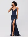 Sheath/Column Silk Like Satin Ruched V-neck Sleeveless Sweep/Brush Train Bridesmaid Dresses