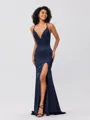 Sheath/Column Silk Like Satin Ruched V-neck Sleeveless Sweep/Brush Train Bridesmaid Dresses