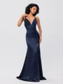 Sheath/Column Silk Like Satin Ruched V-neck Sleeveless Sweep/Brush Train Bridesmaid Dresses