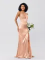 Sheath/Column Silk Like Satin Ruched V-neck Sleeveless Sweep/Brush Train Bridesmaid Dresses