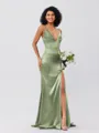 Sheath/Column Silk Like Satin Ruched V-neck Sleeveless Sweep/Brush Train Bridesmaid Dresses