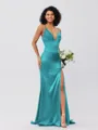 Sheath/Column Silk Like Satin Ruched V-neck Sleeveless Sweep/Brush Train Bridesmaid Dresses
