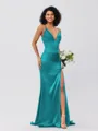 Sheath/Column Silk Like Satin Ruched V-neck Sleeveless Sweep/Brush Train Bridesmaid Dresses