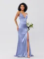 Sheath/Column Silk Like Satin Ruched V-neck Sleeveless Sweep/Brush Train Bridesmaid Dresses