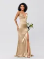 Sheath/Column Silk Like Satin Ruched V-neck Sleeveless Sweep/Brush Train Bridesmaid Dresses