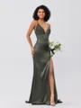 Sheath/Column Silk Like Satin Ruched V-neck Sleeveless Sweep/Brush Train Bridesmaid Dresses