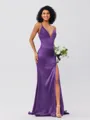 Sheath/Column Silk Like Satin Ruched V-neck Sleeveless Sweep/Brush Train Bridesmaid Dresses