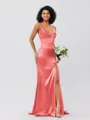 Sheath/Column Silk Like Satin Ruched V-neck Sleeveless Sweep/Brush Train Bridesmaid Dresses