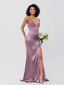 Sheath/Column Silk Like Satin Ruched V-neck Sleeveless Sweep/Brush Train Bridesmaid Dresses
