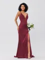 Sheath/Column Silk Like Satin Ruched V-neck Sleeveless Sweep/Brush Train Bridesmaid Dresses