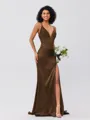 Sheath/Column Silk Like Satin Ruched V-neck Sleeveless Sweep/Brush Train Bridesmaid Dresses