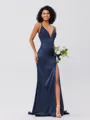 Sheath/Column Silk Like Satin Ruched V-neck Sleeveless Sweep/Brush Train Bridesmaid Dresses