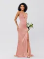 Sheath/Column Silk Like Satin Ruched V-neck Sleeveless Sweep/Brush Train Bridesmaid Dresses
