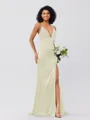 Sheath/Column Silk Like Satin Ruched V-neck Sleeveless Sweep/Brush Train Bridesmaid Dresses