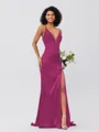 Sheath/Column Silk Like Satin Ruched V-neck Sleeveless Sweep/Brush Train Bridesmaid Dresses