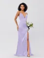 Sheath/Column Silk Like Satin Ruched V-neck Sleeveless Sweep/Brush Train Bridesmaid Dresses