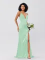 Sheath/Column Silk Like Satin Ruched V-neck Sleeveless Sweep/Brush Train Bridesmaid Dresses