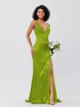 Sheath/Column Silk Like Satin Ruched V-neck Sleeveless Sweep/Brush Train Bridesmaid Dresses