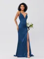 Sheath/Column Silk Like Satin Ruched V-neck Sleeveless Sweep/Brush Train Bridesmaid Dresses