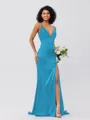 Sheath/Column Silk Like Satin Ruched V-neck Sleeveless Sweep/Brush Train Bridesmaid Dresses