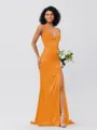 Sheath/Column Silk Like Satin Ruched V-neck Sleeveless Sweep/Brush Train Bridesmaid Dresses