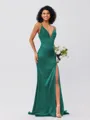 Sheath/Column Silk Like Satin Ruched V-neck Sleeveless Sweep/Brush Train Bridesmaid Dresses